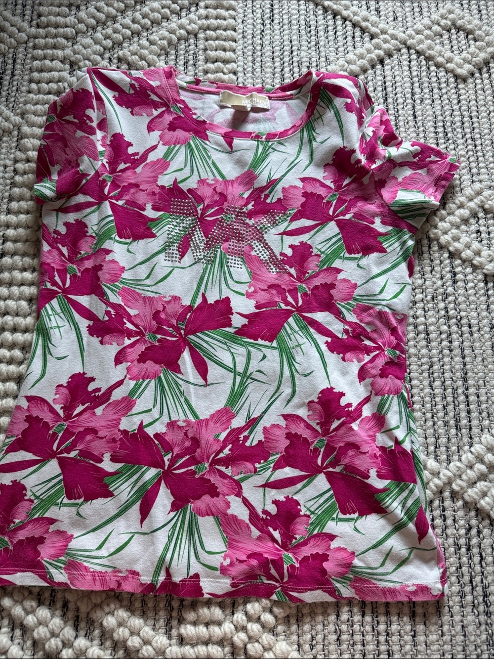 Michael Kors Pink Floral Short Sleeve Tee with Green Leaf Accents